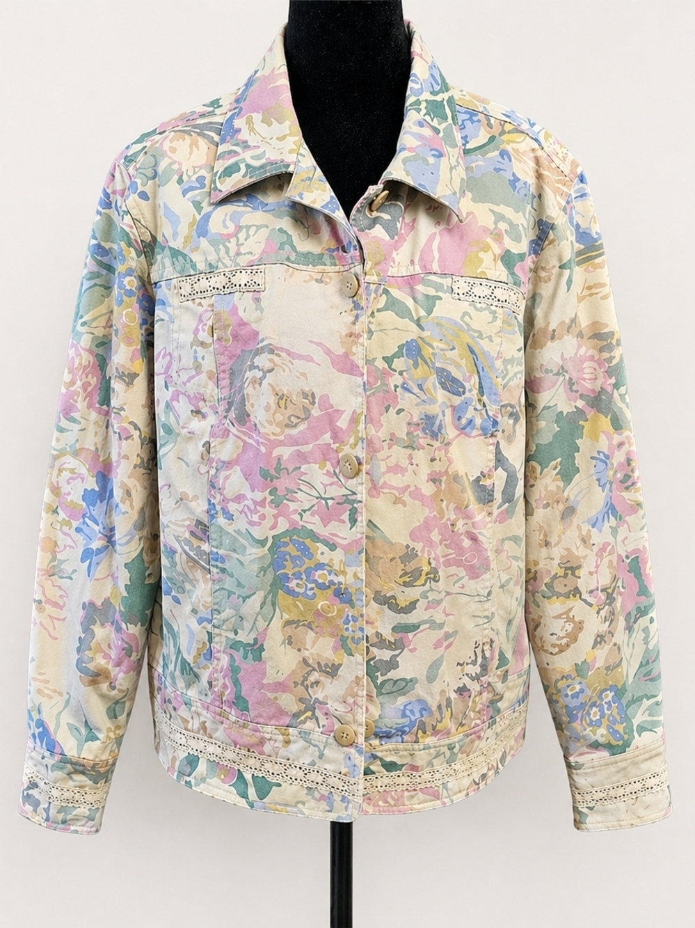Coldwater Creek Floral Jacket Large Cottagecore Lace Trim Button Front Pastel